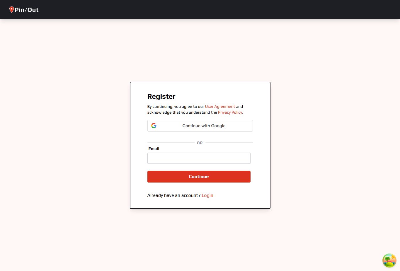 Pin/Out registration page
